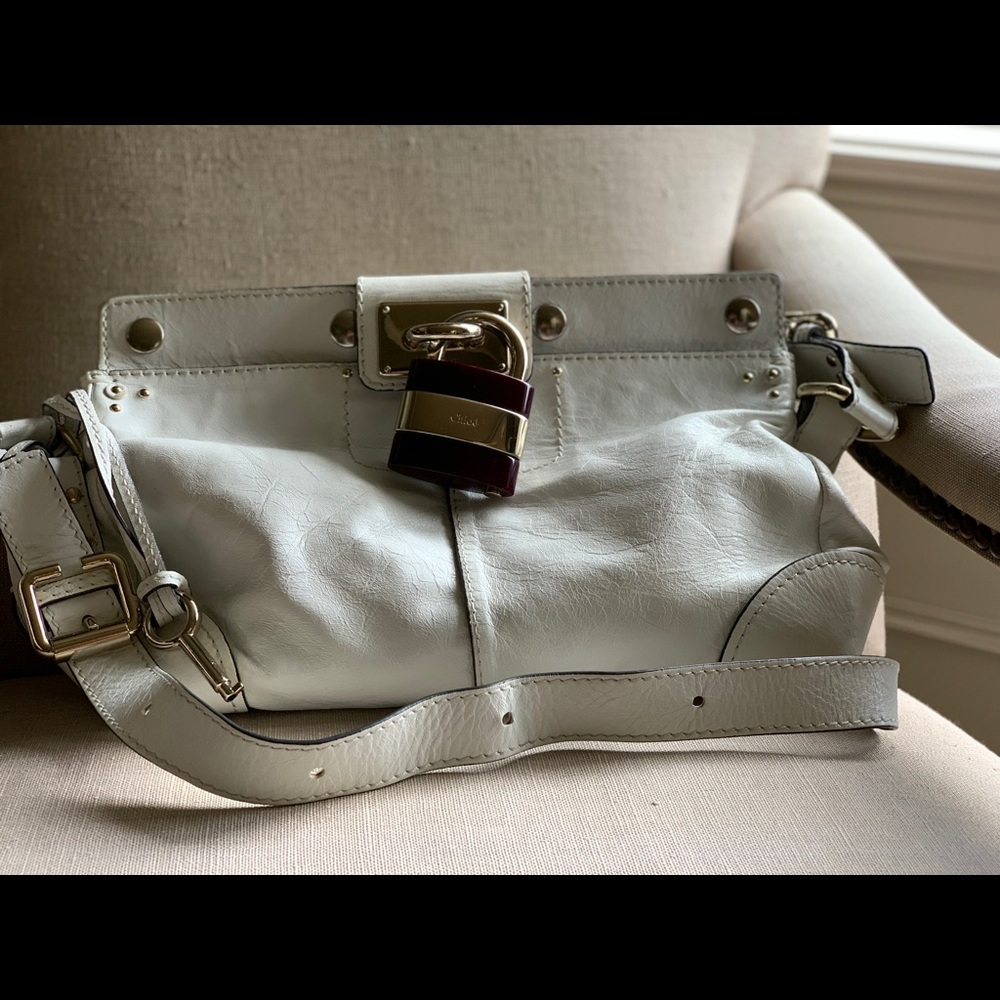 Chloe White Leather Crossbody Bag with Gold & Dark Accent Lock